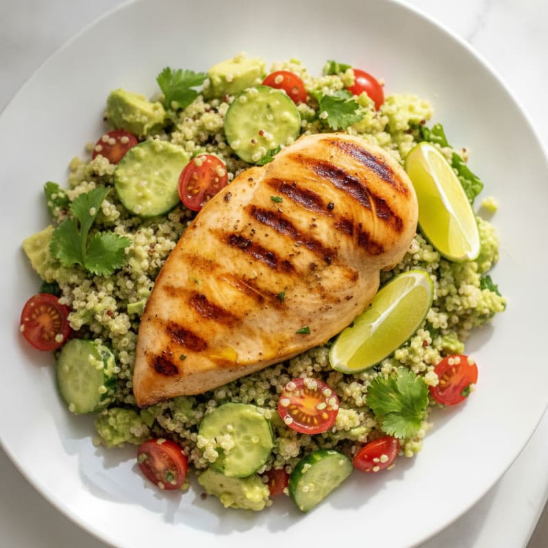 Grilled Chicken Breast with Creamy Avocado Quinoa Salad