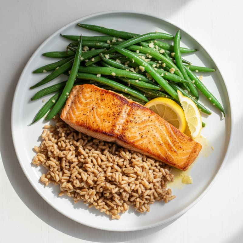 Seared Salmon Fillet with Garlic Green Beans and Brown Rice