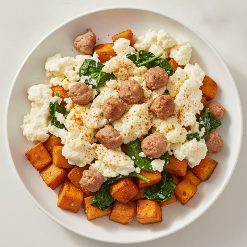 Egg White Scramble with Turkey Sausage and Roasted Sweet Potatoes