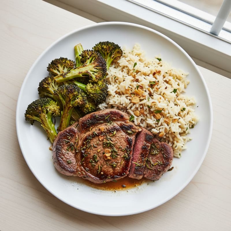 Herb-Seared Steak with Roasted Broccoli and Garlic Rice