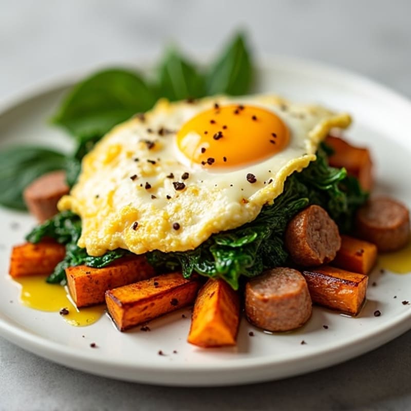 Egg White Scramble with Spinach, Turkey Sausage and Roasted Sweet Potatoes