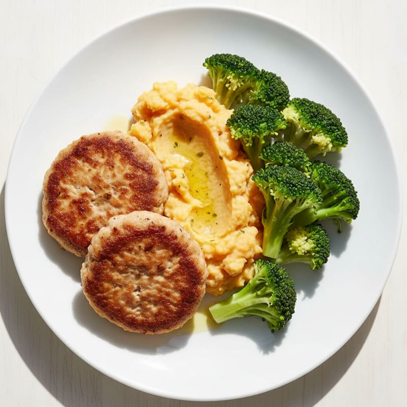 Seared Turkey Patties with Steamed Broccoli and Sweet Potato Mash