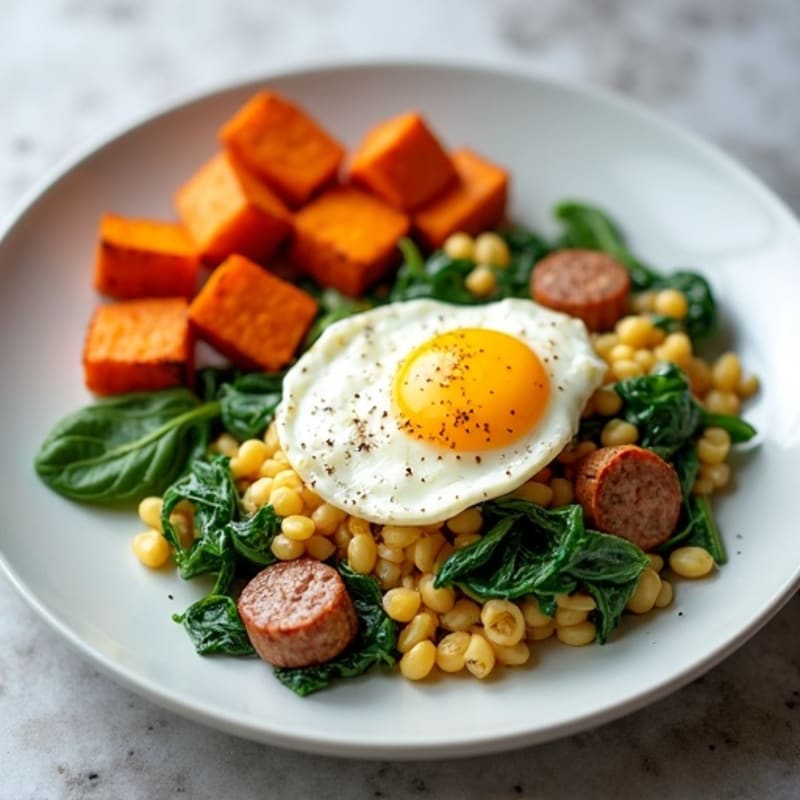 Egg White and Chicken Sausage Scramble with Spinach and Roasted Sweet Potato