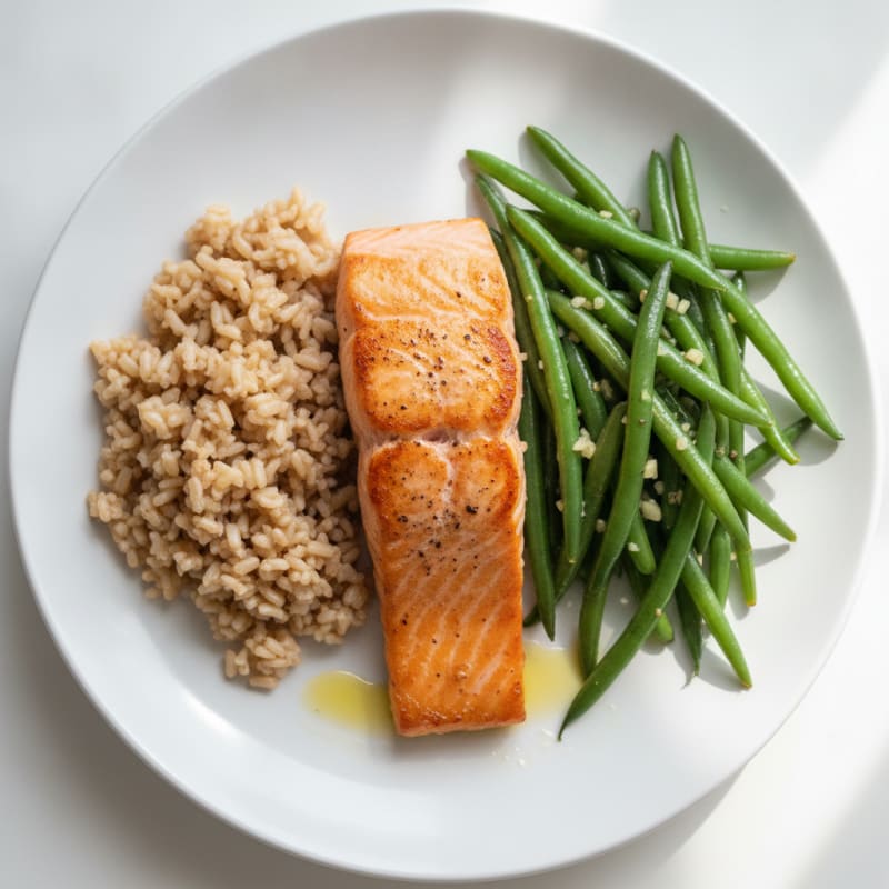 Seared Salmon with Garlic Green Beans and Brown Rice