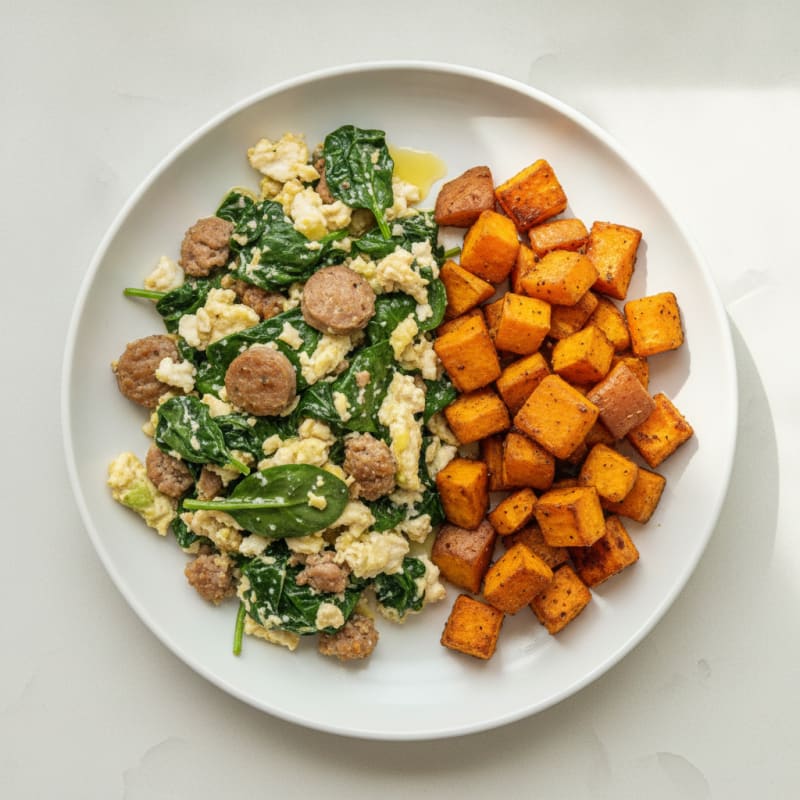 Egg White and Turkey Sausage Scramble with Spinach and Roasted Sweet Potatoes