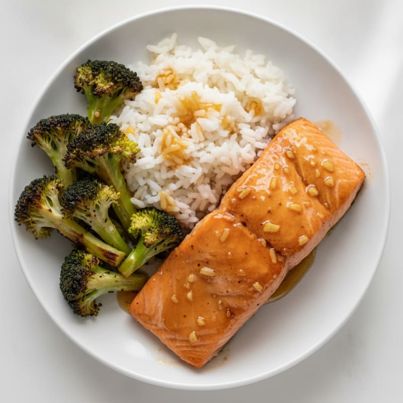 Honey Glazed Salmon with Steamed Rice and Roasted Broccoli