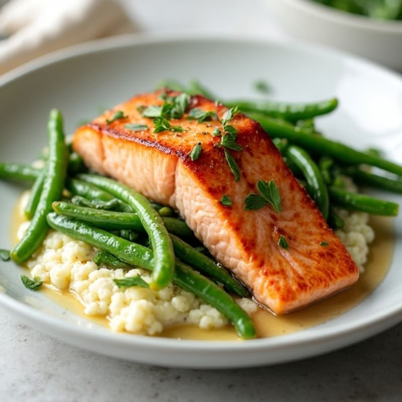 Seared Salmon with Garlic Green Beans and Cauliflower Mash