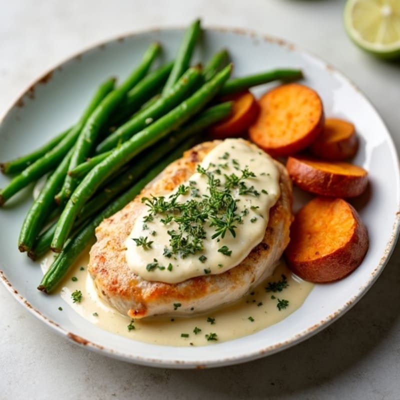 Creamy Herb-Roasted Chicken with Crispy Roasted Sweet Potatoes and Green Beans