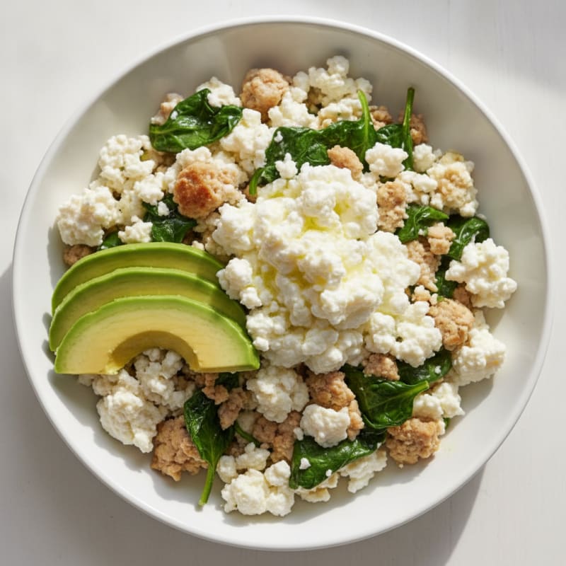 Egg White and Turkey Spinach Scramble with Cottage Cheese