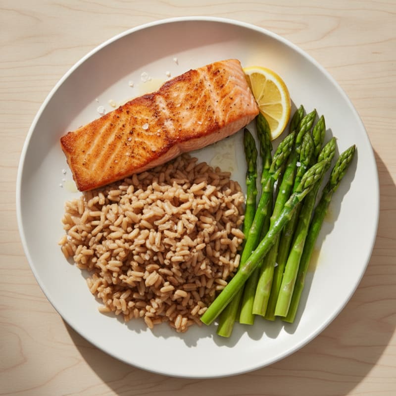 Seared Salmon with Steamed Asparagus and Brown Rice