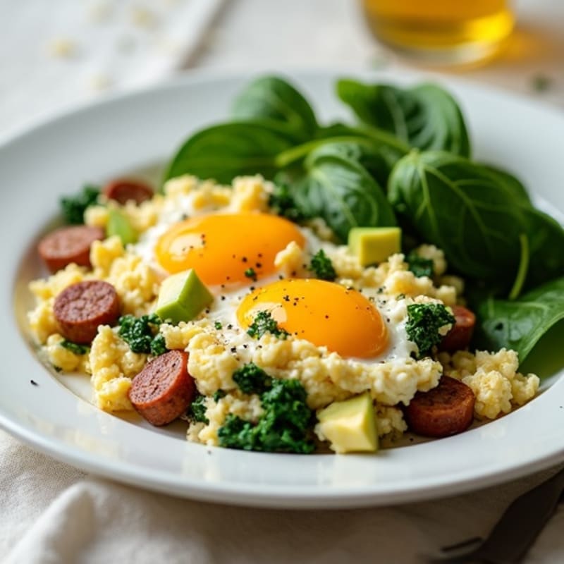 Cottage Cheese Scramble with Spinach and Sautéed Turkey Sausage