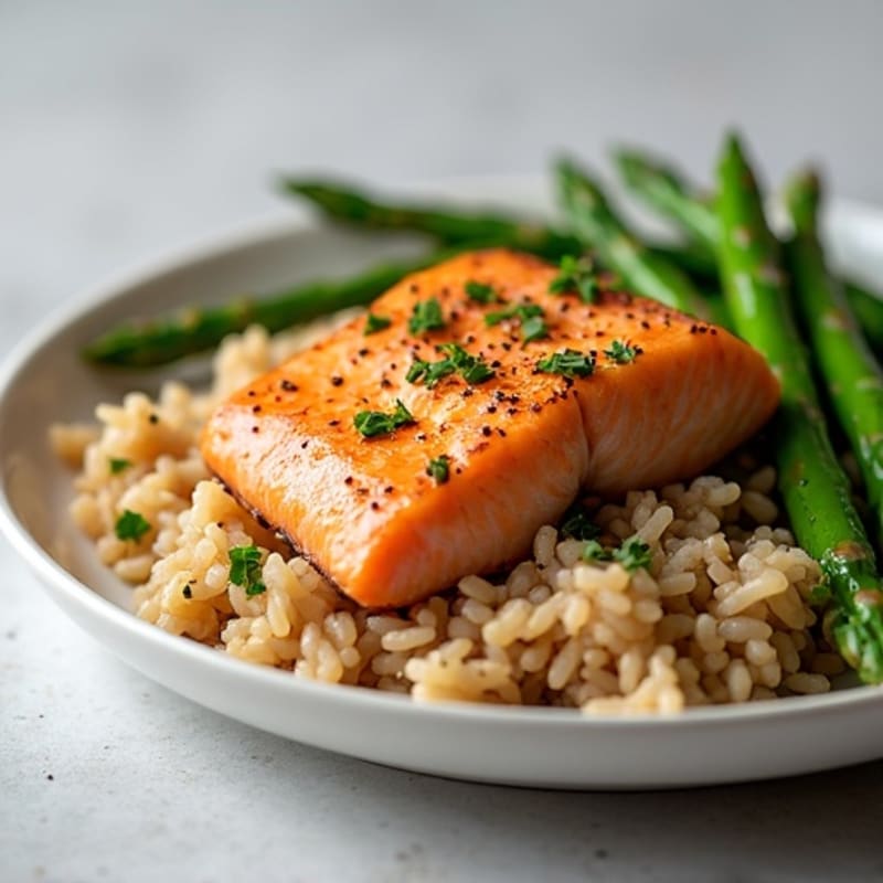 Seared Salmon with Steamed Asparagus and Brown Rice