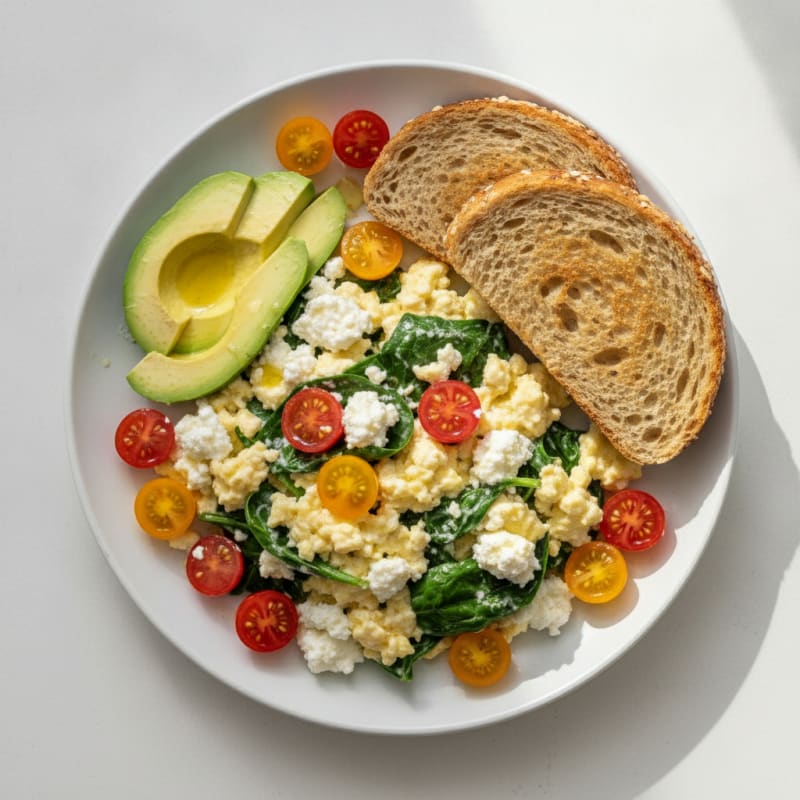 Cottage Cheese Egg Scramble with Spinach and Tomatoes