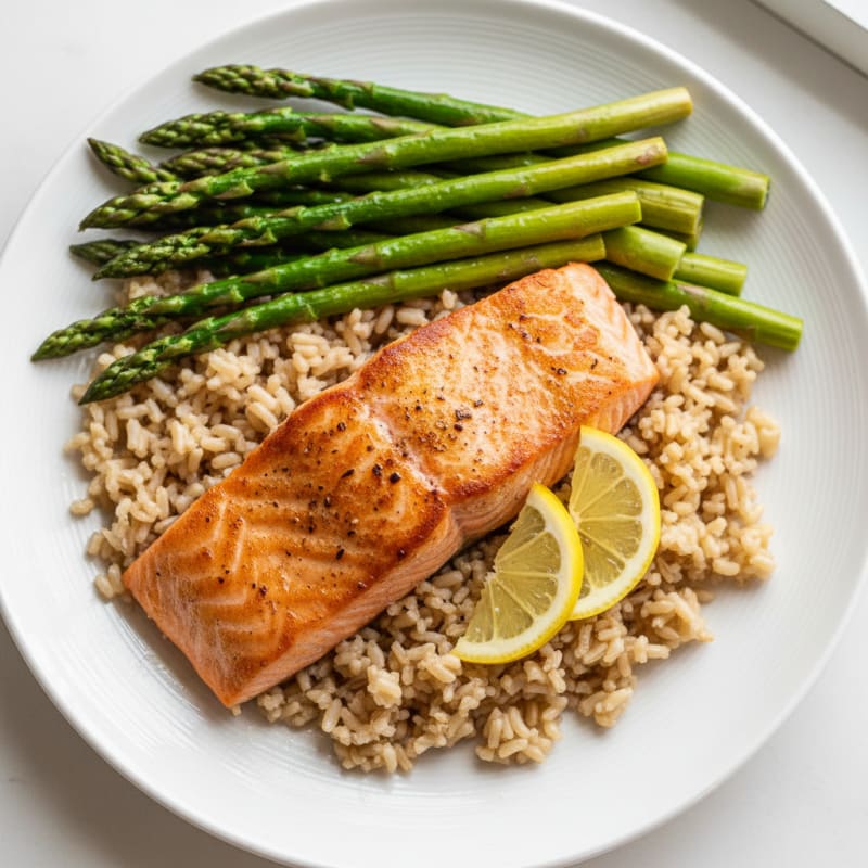 Seared Salmon with Steamed Asparagus and Brown Rice