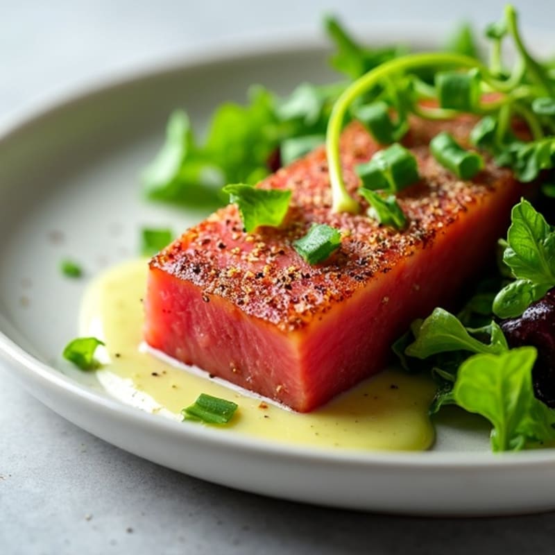 Seared Ahi Tuna with Wasabi Mayo and Fresh Greens