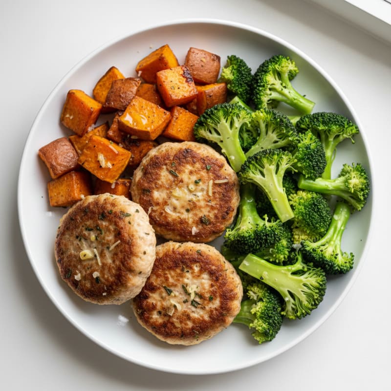 Seared Turkey Patties with Roasted Sweet Potato and Steamed Broccoli