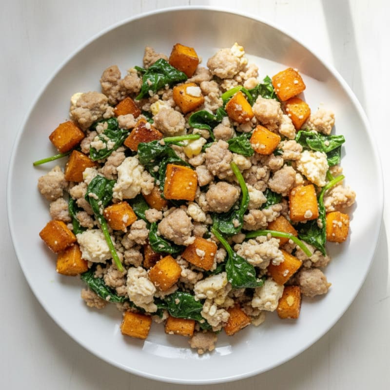 Egg White and Turkey Sausage Scramble with Spinach and Roasted Sweet Potato