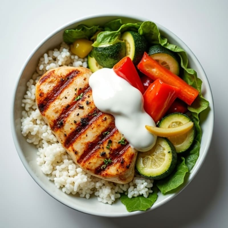 Grilled Chicken and White Rice Bowl with Roasted Vegetables and Yogurt Dressing