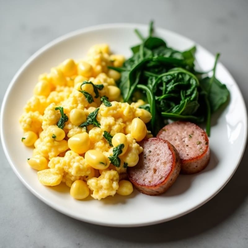 Egg White Scramble with Turkey Sausage and Sautéed Spinach