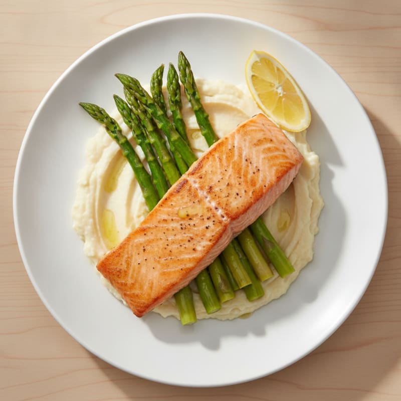 Seared Salmon Fillet with Creamy Cauliflower Mash and Steamed Asparagus