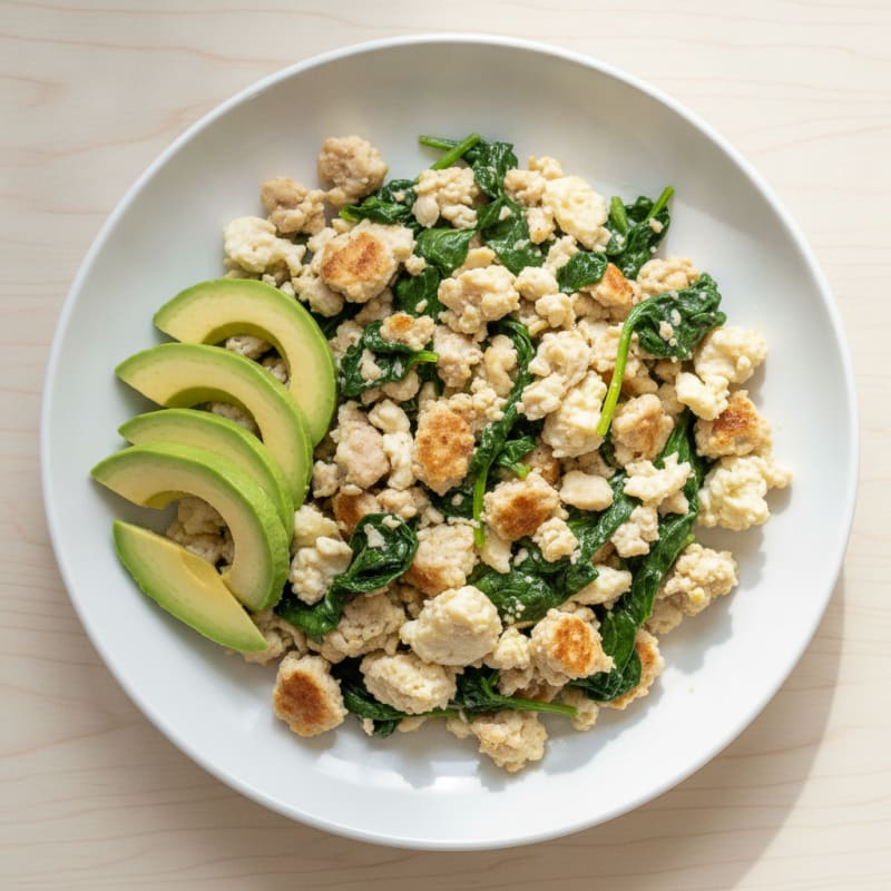 Egg White and Turkey Sausage Scramble with Sautéed Spinach