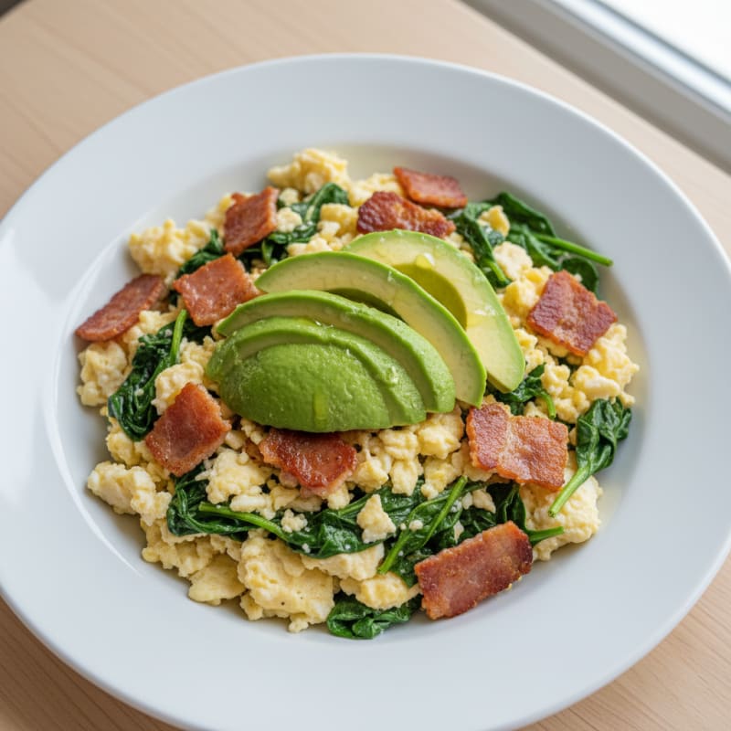 Crispy Turkey Bacon Egg White Scramble with Sautéed Spinach