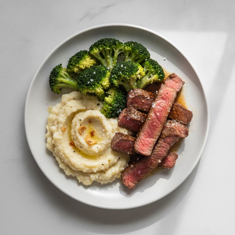 Seared Rare Beef Strips with Steamed Broccoli and Cauliflower Mash