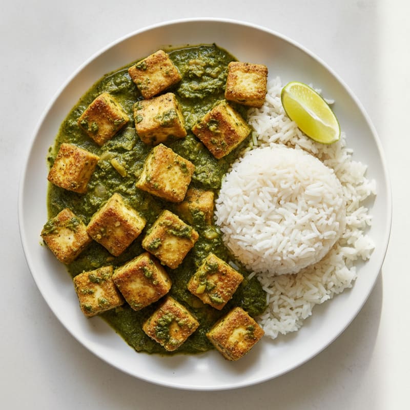 Crispy Tofu and Spinach Curry with Steamed Rice
