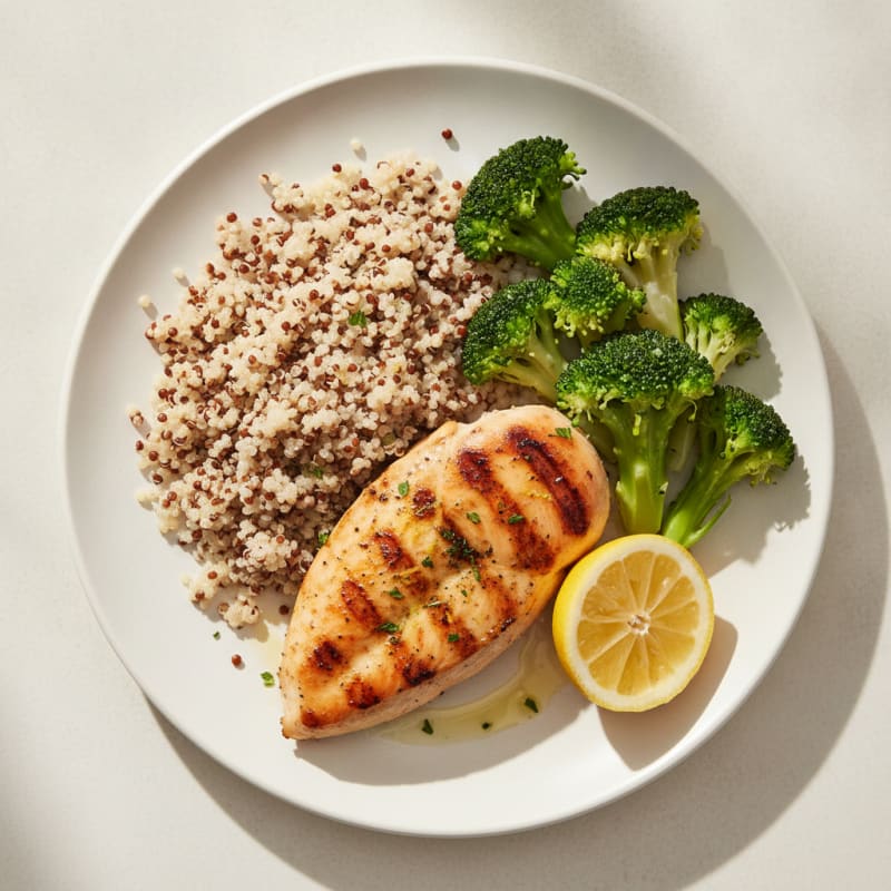 Grilled Chicken Breast with Steamed Broccoli and Quinoa