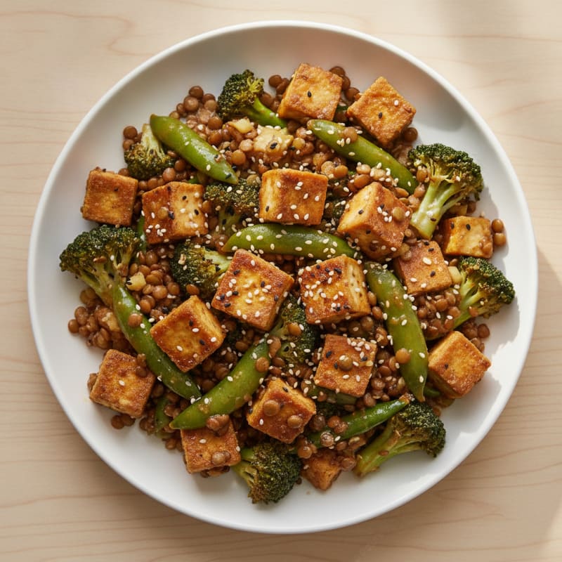 Lentil and Tofu Stir Fry with Broccoli and Snap Peas