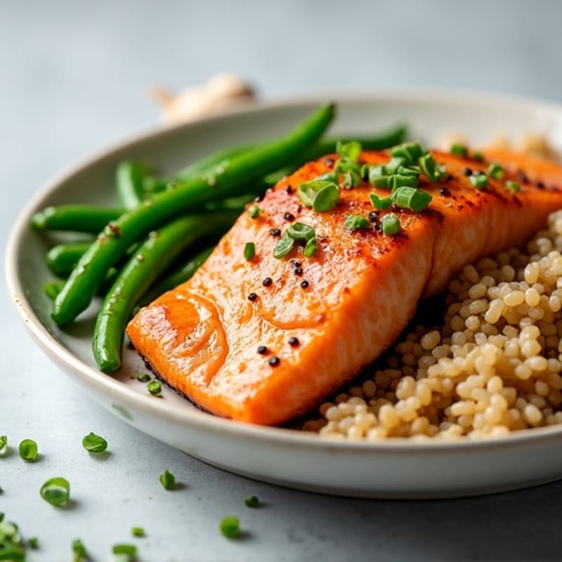 Seared Salmon Fillet with Garlic Green Beans and Brown Rice