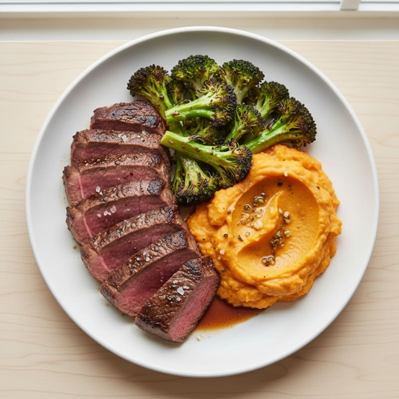 Seared Steak with Roasted Broccoli and Sweet Potato Mash