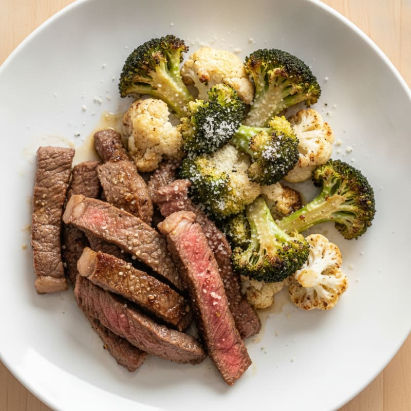 Seared Lean Beef Strips with Roasted Broccoli and Cauliflower