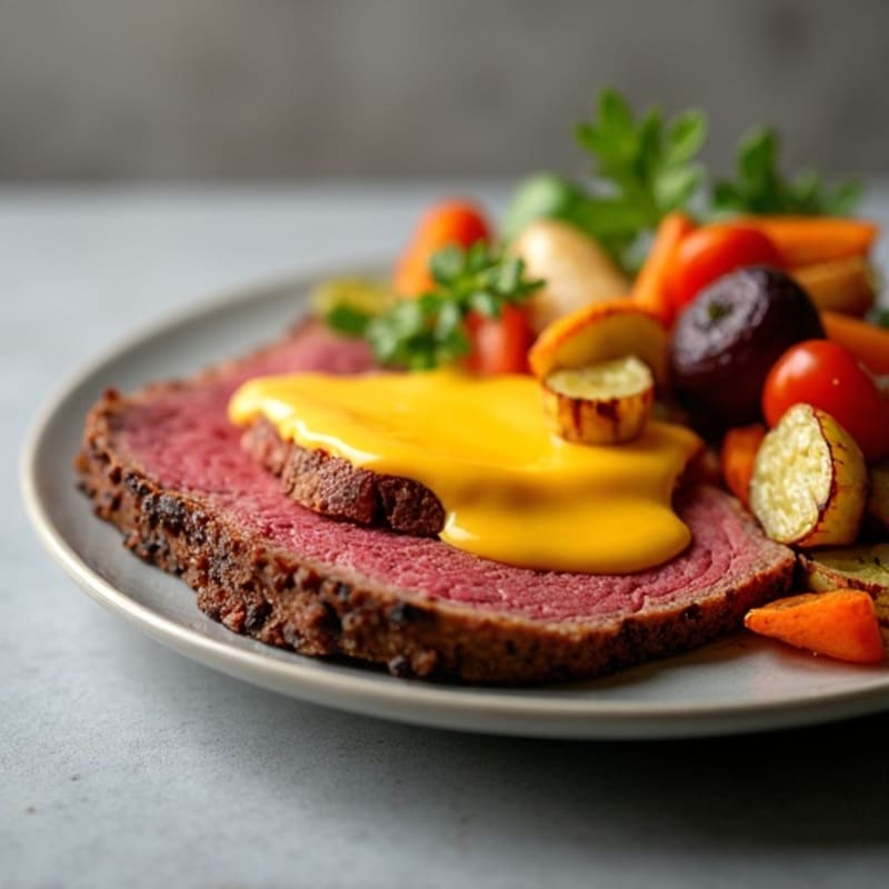 Lean Roast Beef with Melted Sharp Cheddar and Crispy Roasted Vegetables