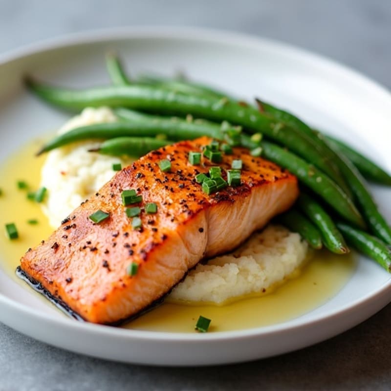 Seared Salmon with Garlic Green Beans and Cauliflower Mash
