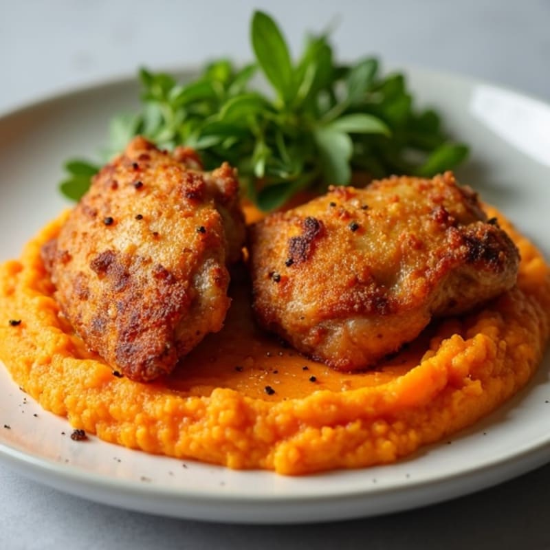 Crispy Baked Chicken Thighs with Fluffy Sweet Potato Mash