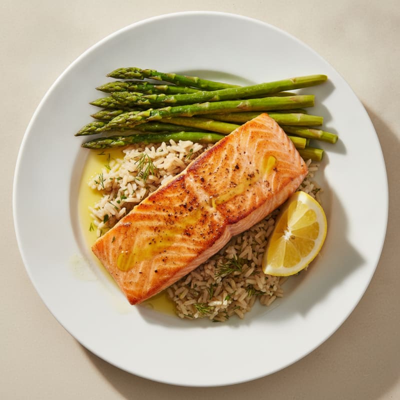 Seared Salmon Fillet with Steamed Asparagus and Herbed Brown Rice