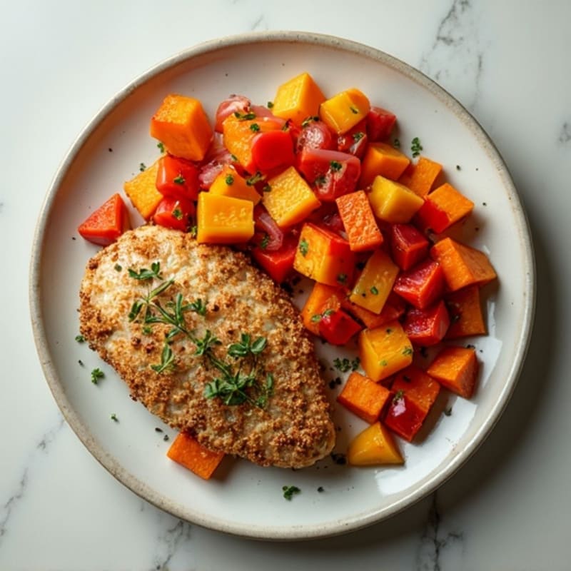 Herb-Crusted Chicken with Rainbow Pepper Sweet Potato Hash
