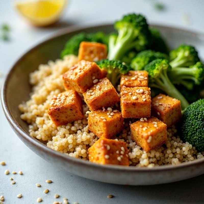 Crispy Sesame Tofu with Roasted Broccoli and Quinoa