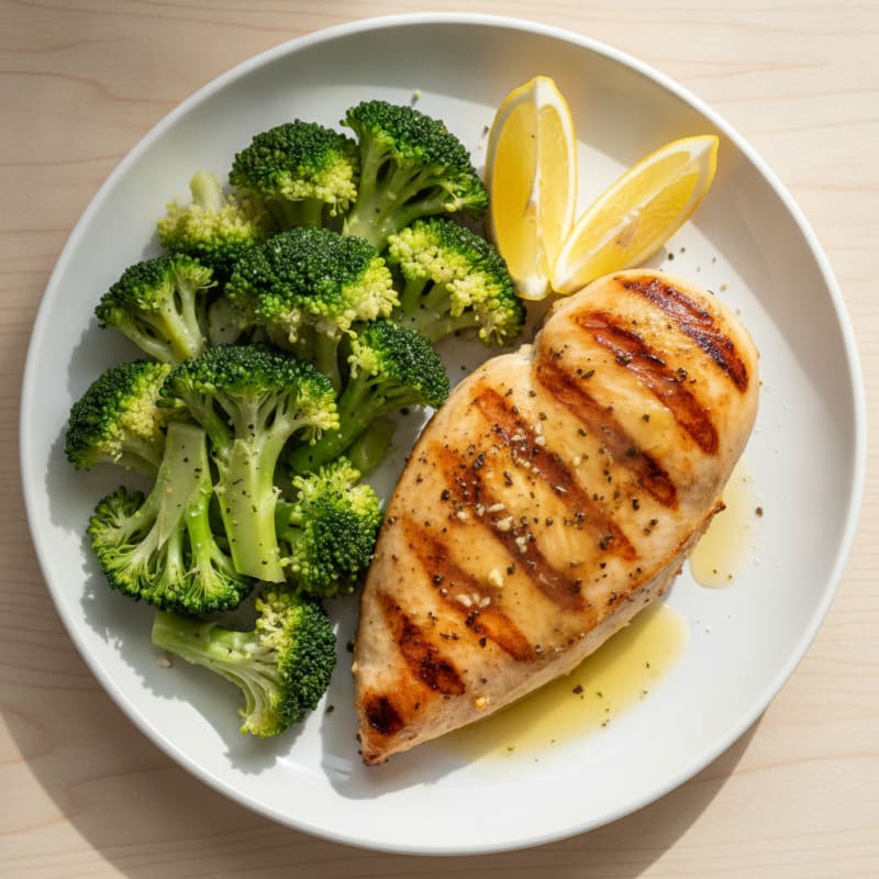 Grilled Chicken Breast with Steamed Broccoli and Lemon