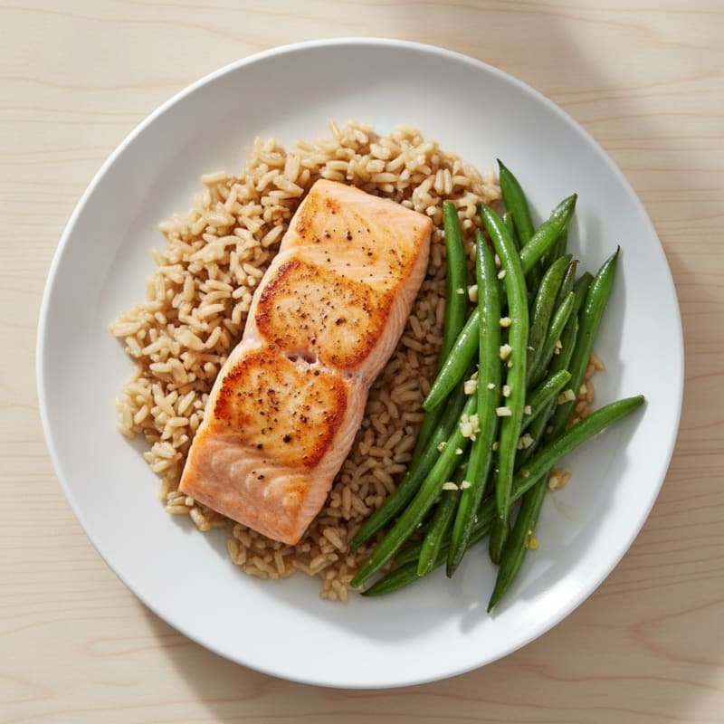 Seared Salmon Fillet with Garlic Green Beans and Brown Rice