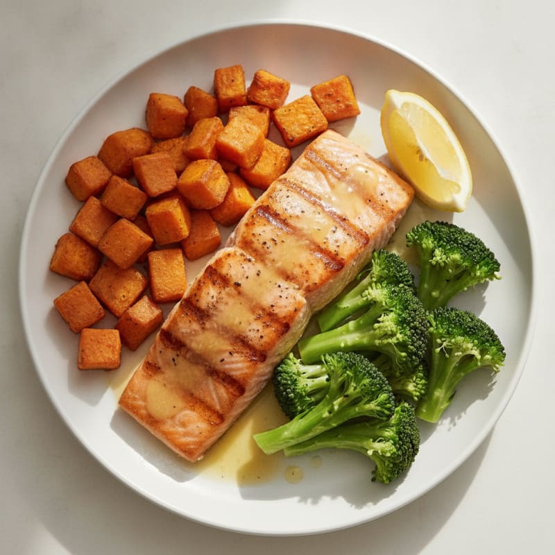 Seared Salmon with Roasted Sweet Potato and Steamed Broccoli