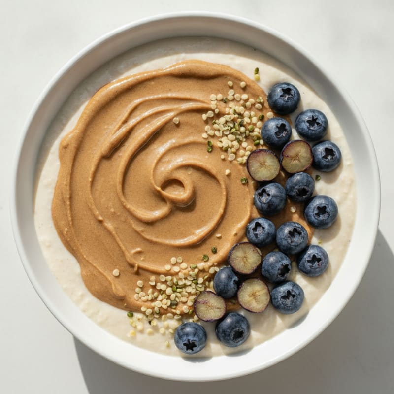 Silky Tofu Protein Smoothie Bowl with Almond Butter and Hemp Seeds