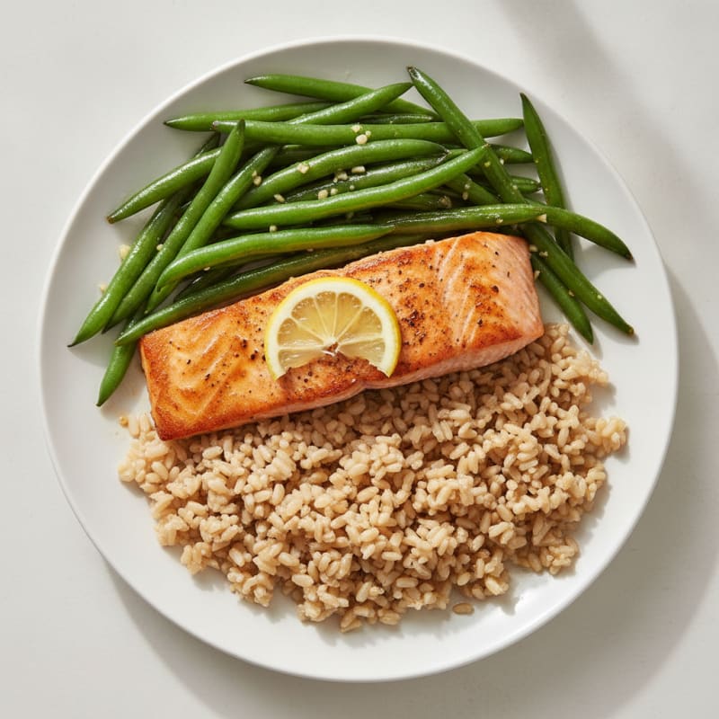 Seared Salmon with Garlic Green Beans and Steamed Brown Rice