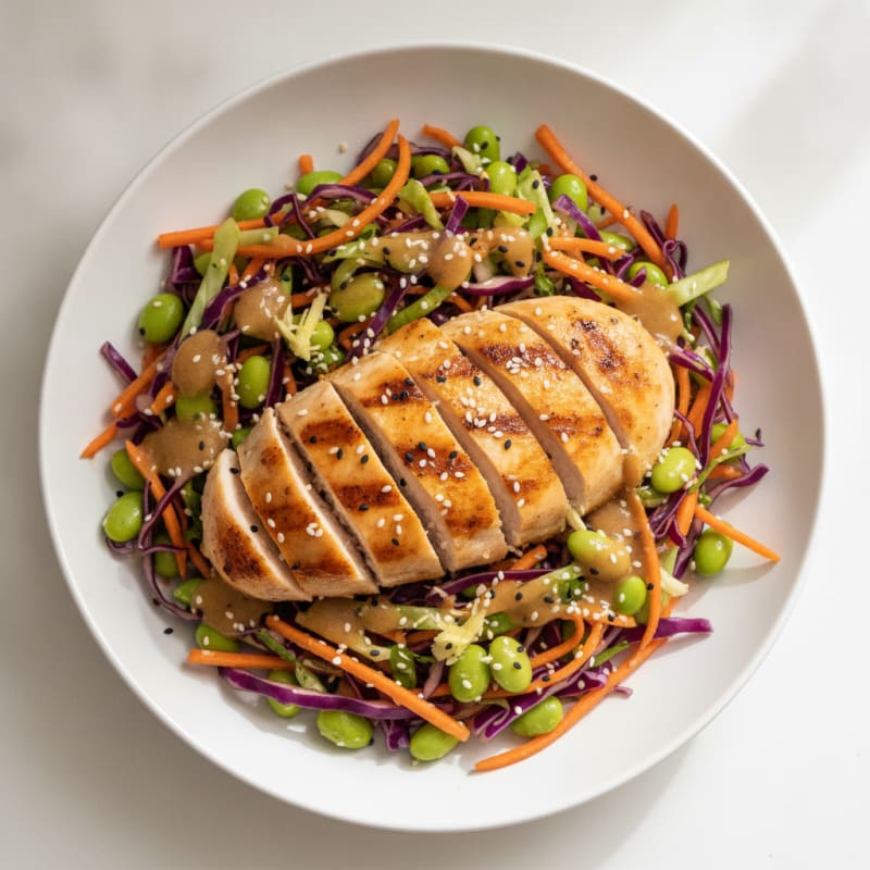 Grilled Chicken Breast with Crunchy Cabbage Slaw and Edamame