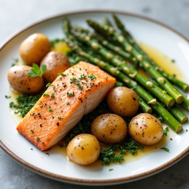 Seared Salmon with Herb-Roasted Potatoes and Asparagus