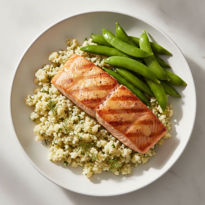 Seared Salmon Fillet with Herb Cauliflower Rice and Snap Peas