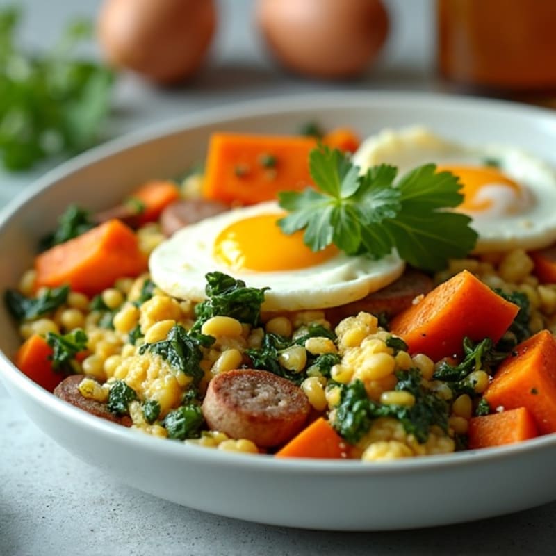 Chicken Sausage and Spinach Egg Scramble with Roasted Sweet Potatoes