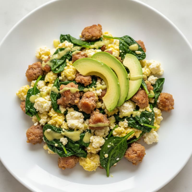 Cottage Cheese Scramble with Turkey Sausage and Sautéed Spinach