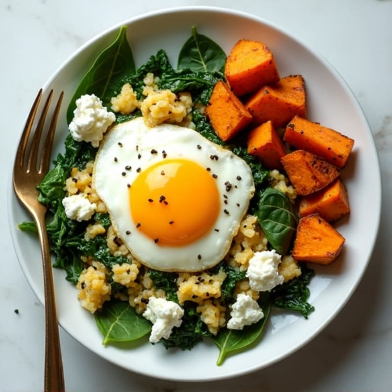 Egg White Spinach Feta Scramble with Roasted Sweet Potato